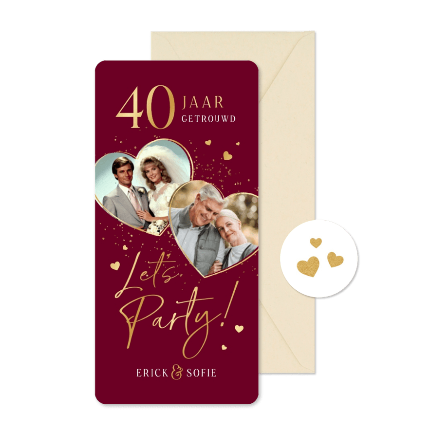 Uitnodiging 40 jaar getrouwd jubileumfeest robijn goud hart - Kaartimpressie