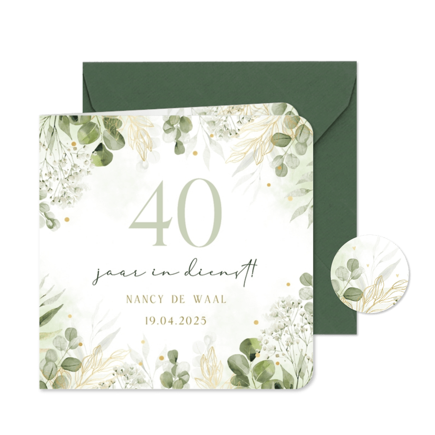 Uitnodiging 40 jaar in dienst botanische takjes - Kaartimpressie