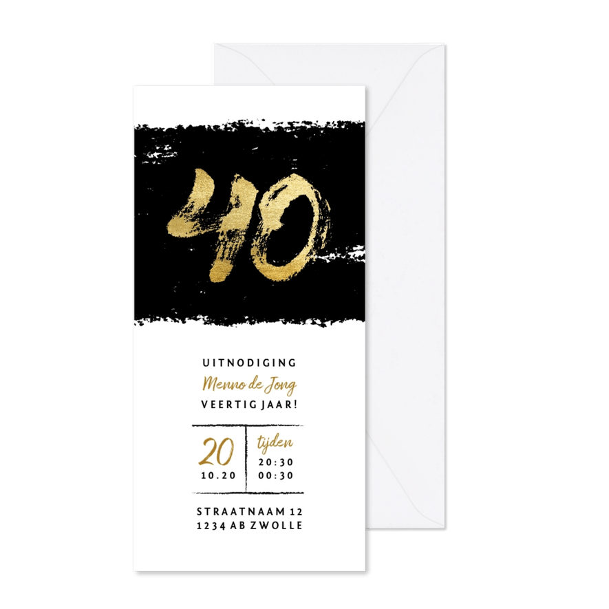 Uitnodiging 40 met zwarte inkt stoer - Kaartimpressie