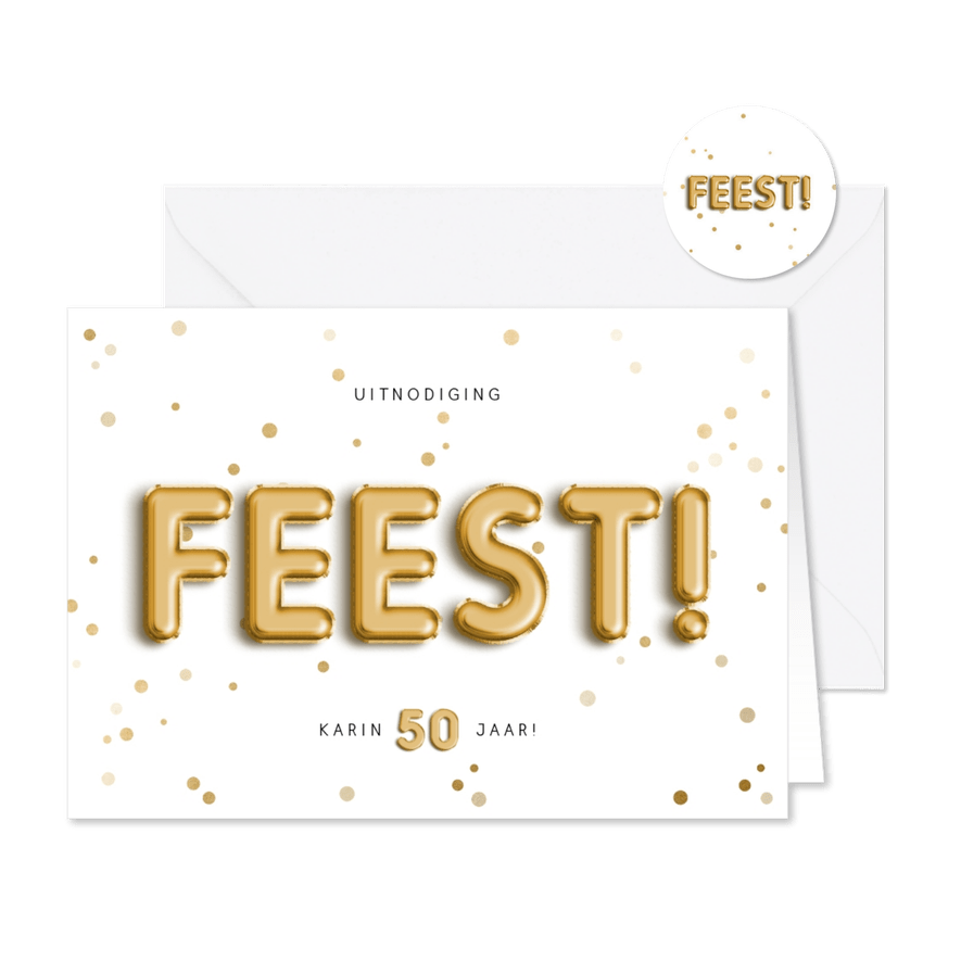 Uitnodiging 50 feest folieballon met confetti aanpasbaar - Kaartimpressie