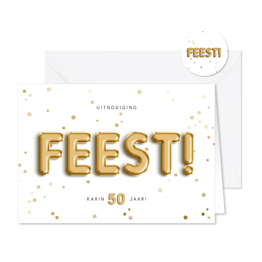Uitnodiging 50 feest folieballon met confetti aanpasbaar - Kaartimpressie