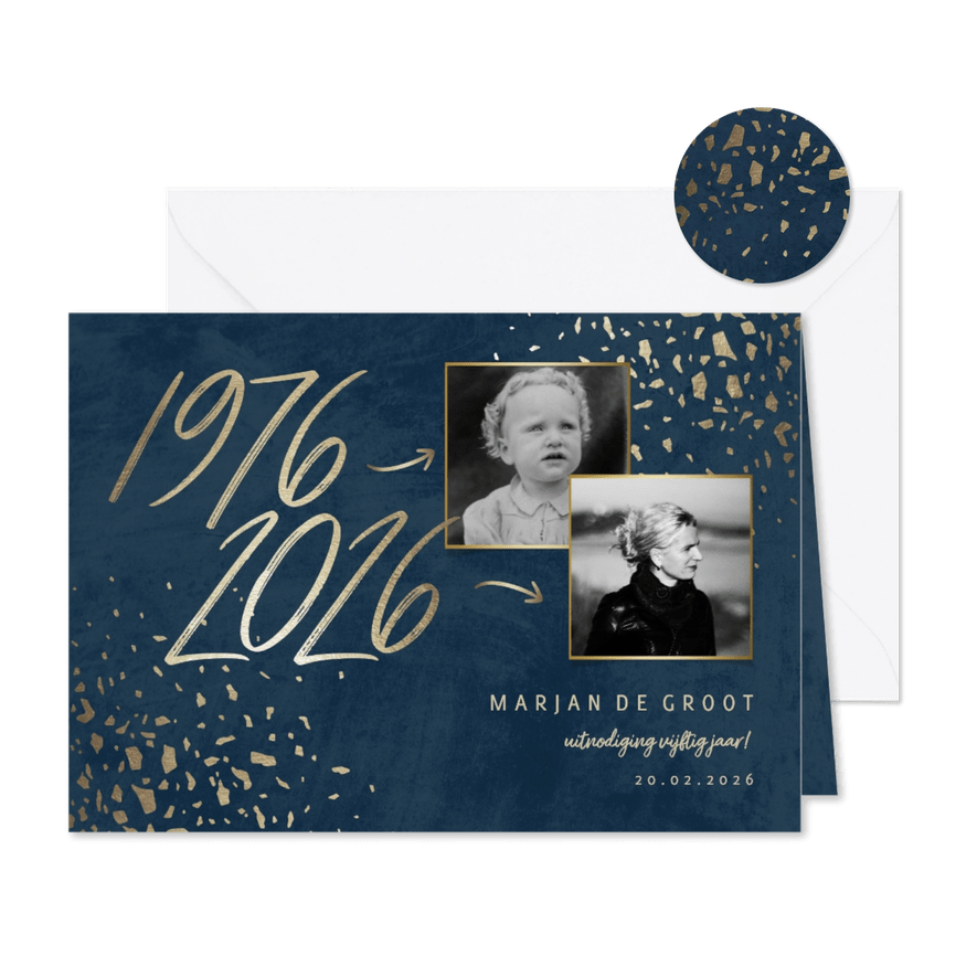 Uitnodiging 50 foto jaartallen donkerblauw met terrazzo - Kaartimpressie