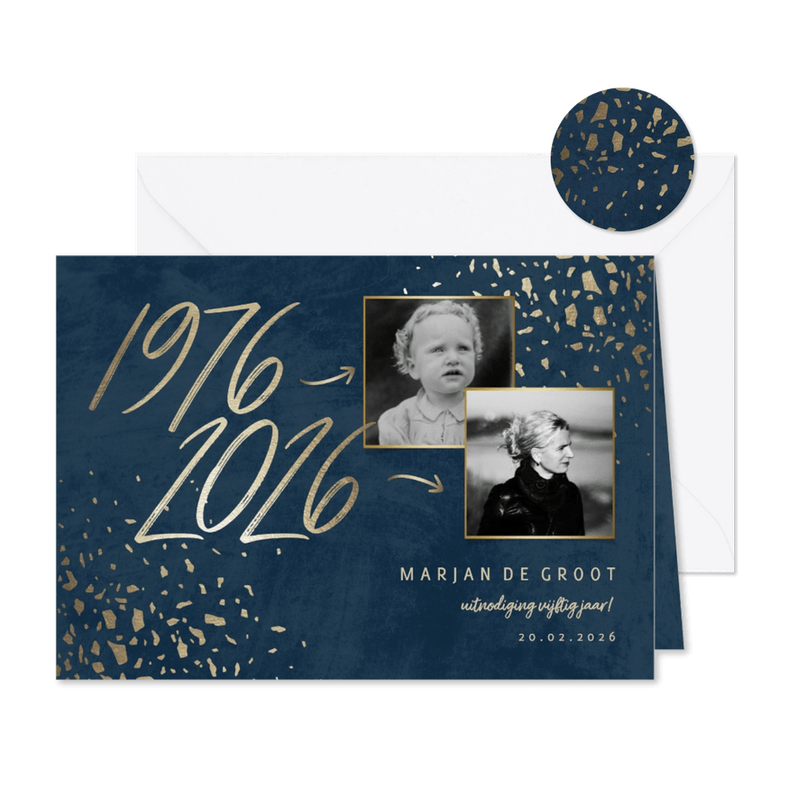 Uitnodiging 50 foto jaartallen donkerblauw met terrazzo - Kaartimpressie