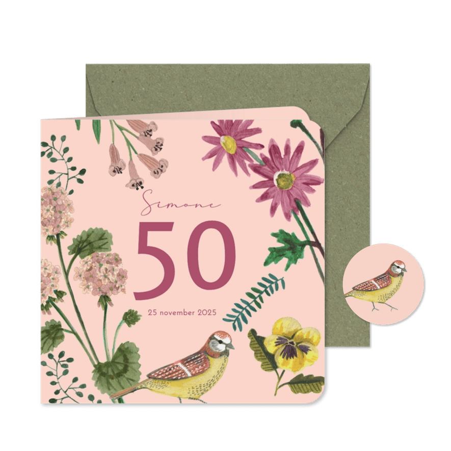 Uitnodiging 50 jaar bloemen en vogel - Kaartimpressie
