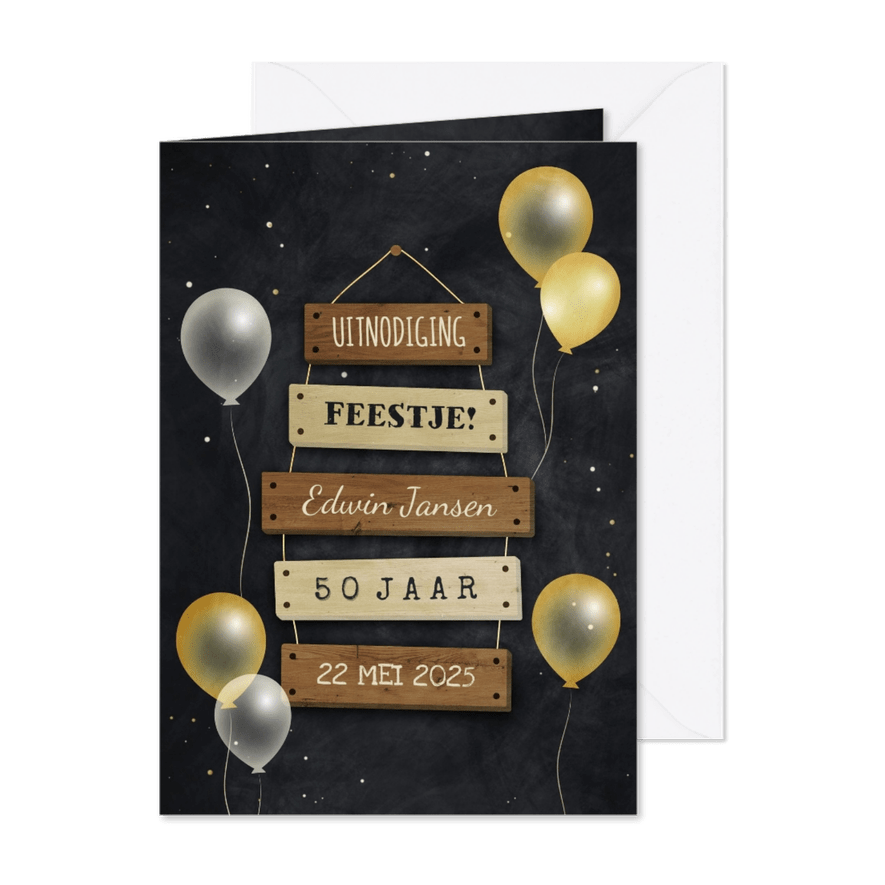 Uitnodiging 50 jaar bordjes met feestelijke ballonnen - Kaartimpressie