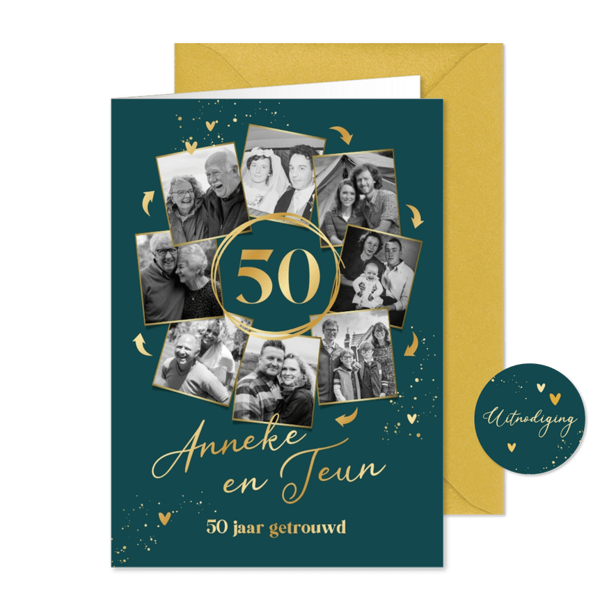 Uitnodiging 50 jaar getrouwd fotocollage in cirkel - Kaartimpressie