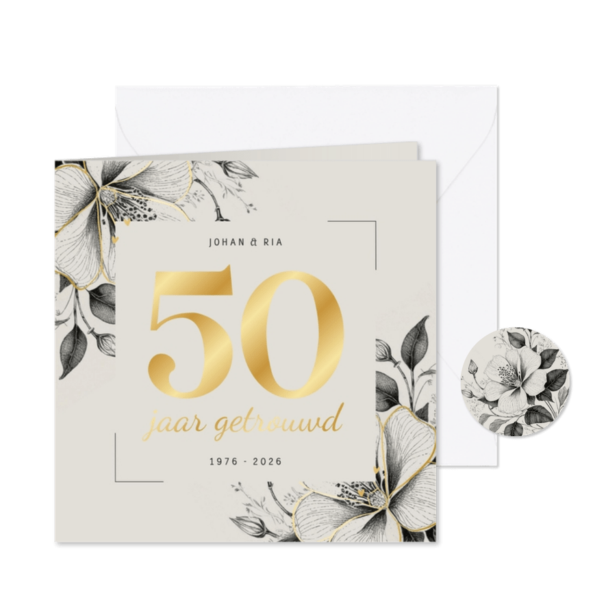 Uitnodiging 50 jaar getrouwd met bloemen en minihartjes goud - Kaartimpressie