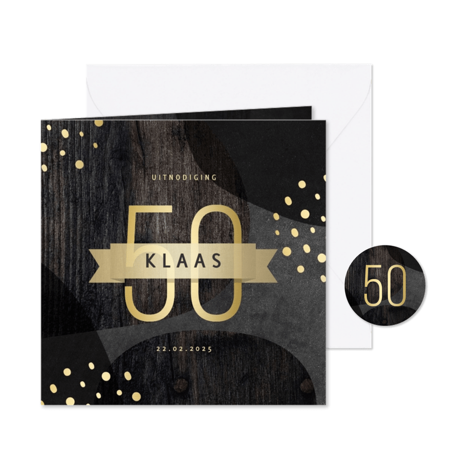 Uitnodiging 50 jaar goud met krijtbord en hout abstract - Kaartimpressie