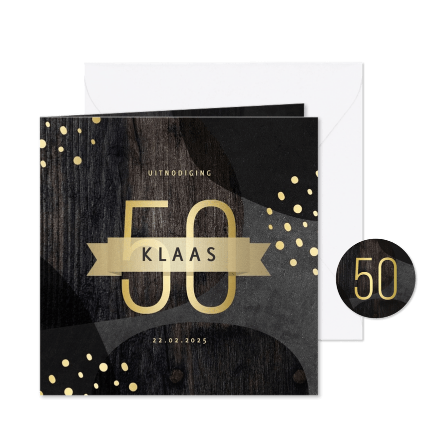 Uitnodiging 50 jaar goud met krijtbord en hout abstract - Kaartimpressie