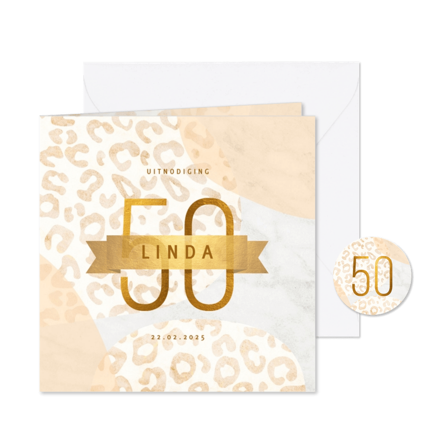 Uitnodiging 50 jaar goud met marmer en panter abstract - Kaartimpressie
