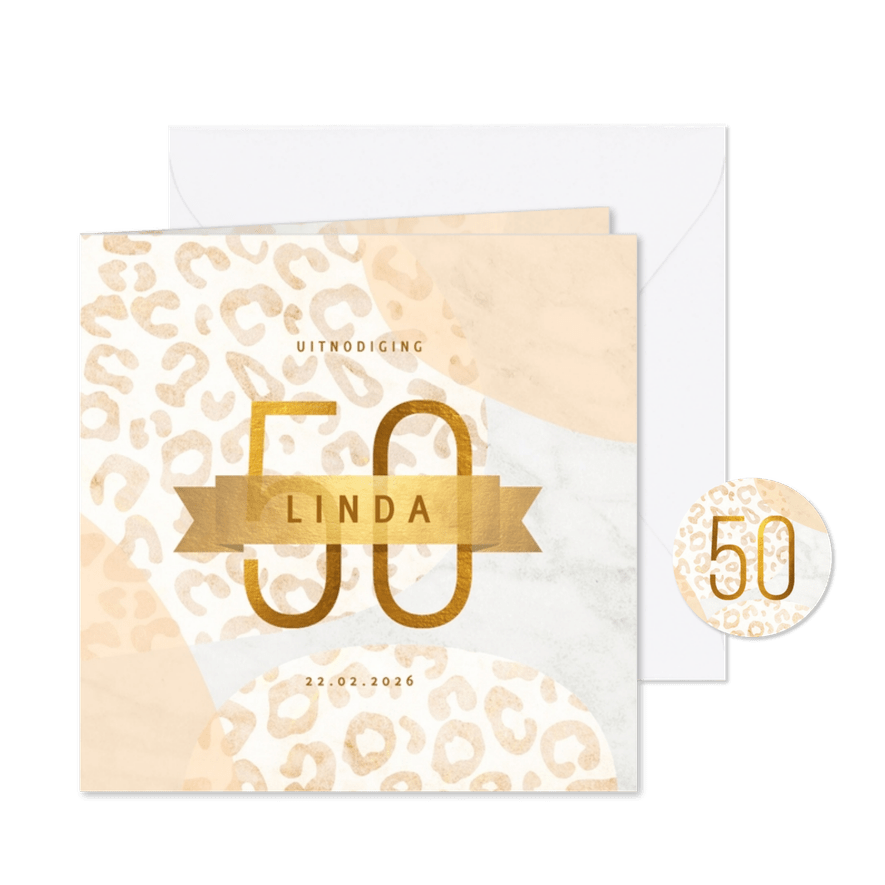 Uitnodiging 50 jaar goud met marmer en panter abstract - Kaartimpressie