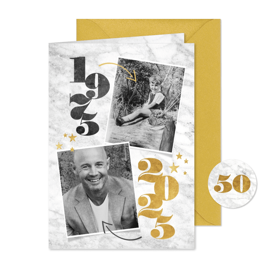 Uitnodiging 50 jaar met jaartallen, foto's, marmer & sterren - Kaartimpressie
