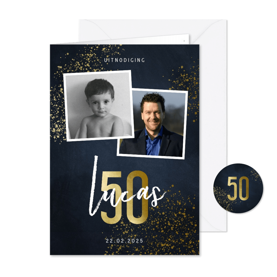 Uitnodiging 50 jaar stijlvol goudlook met foto en spetters - Kaartimpressie