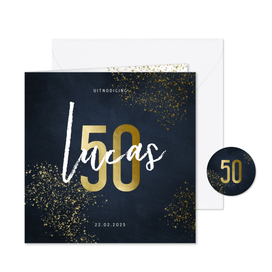 Uitnodiging 50 jaar stijlvol goudlook met spetters - Kaartimpressie