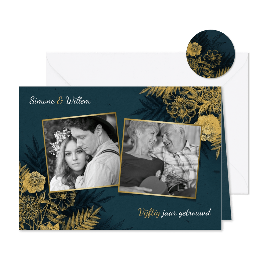 Uitnodiging 50 jarig jubileum met gouden bloemen & waterverf - Kaartimpressie