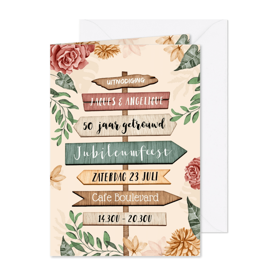 Uitnodiging 50 jarig jubileum wegwijzers en bloemen - Kaartimpressie