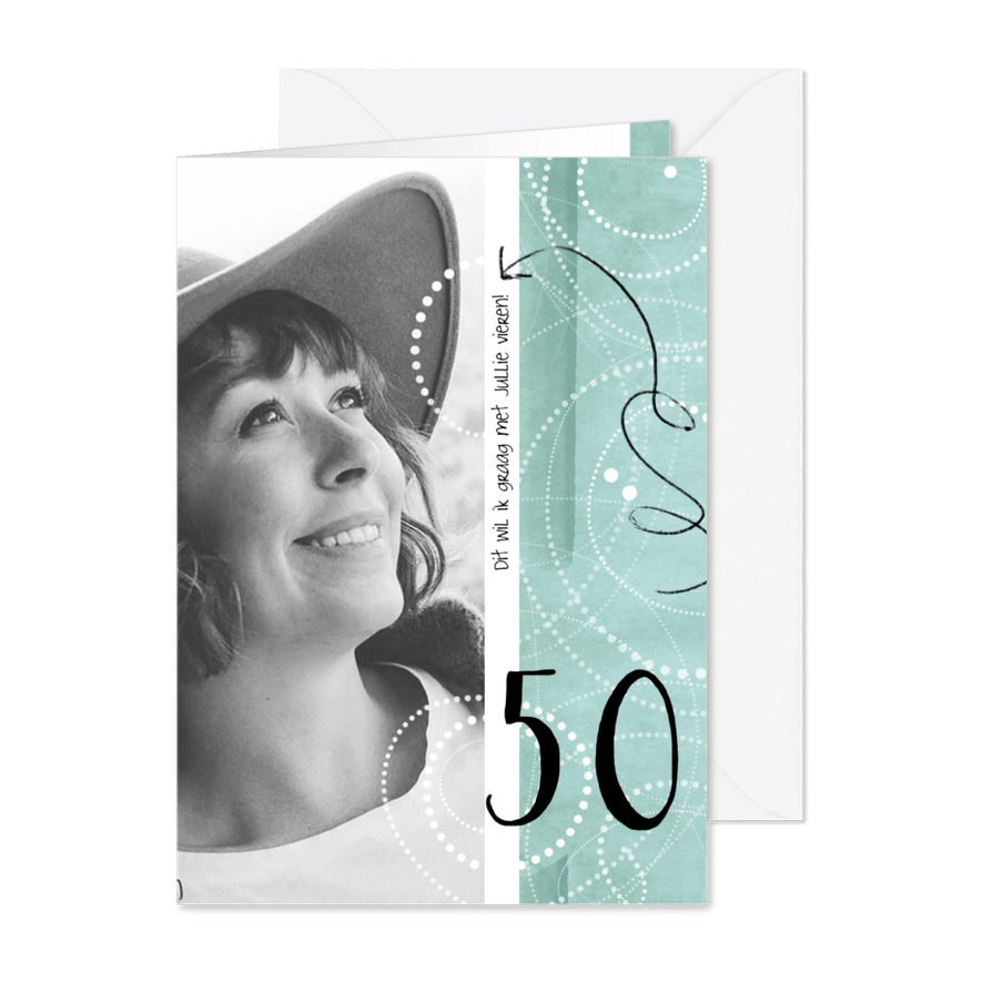 Uitnodiging 50ste verjaardag, modern en speels - Kaartimpressie