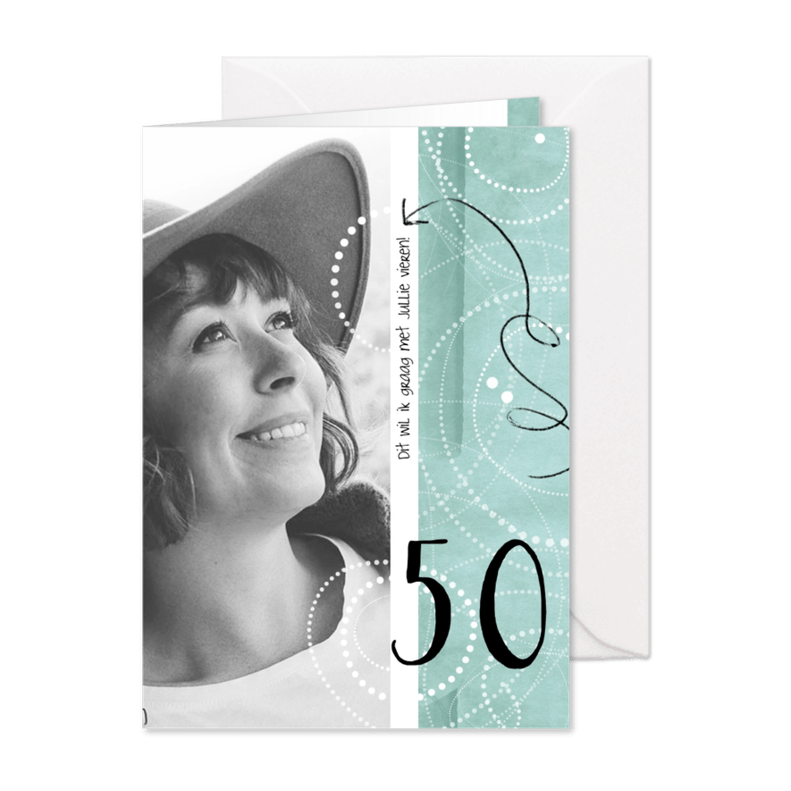 Uitnodiging 50ste verjaardag, modern en speels - Kaartimpressie