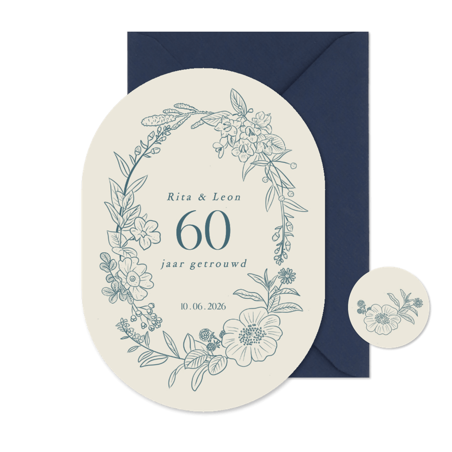 Uitnodiging 60 jaar jubileum ovaal met bloemenkrans - Kaartimpressie