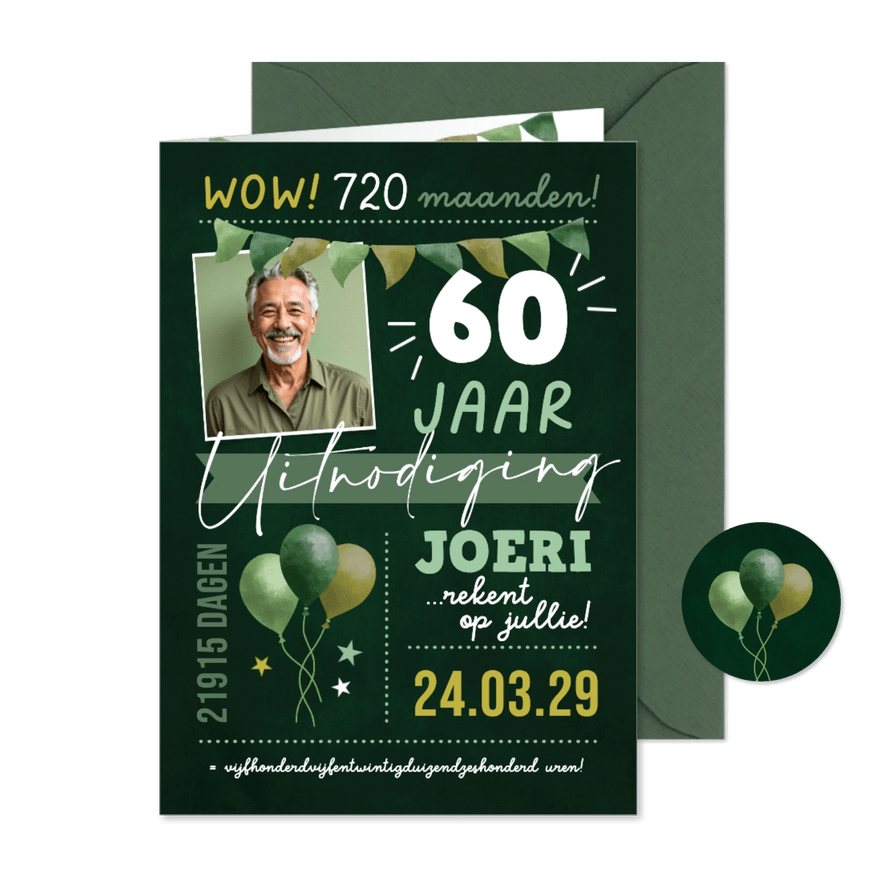 Uitnodiging 60 jaar verjaardagsfeestje maanden dagen & uren - Kaartimpressie