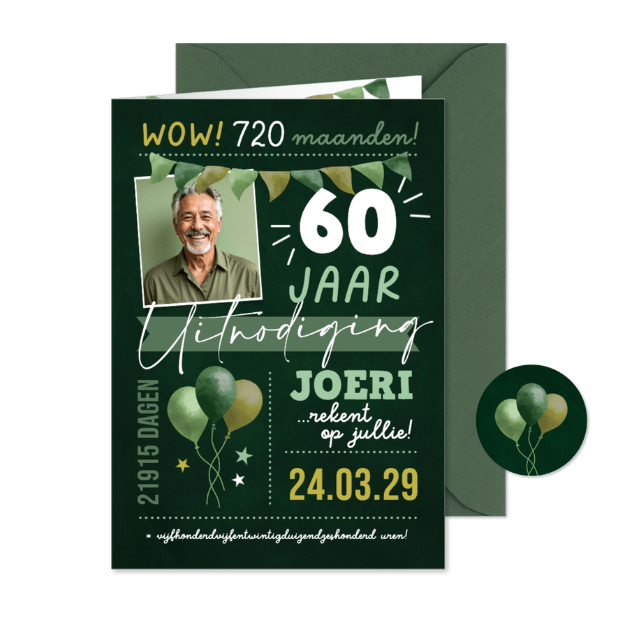 Uitnodiging 60 jaar verjaardagsfeestje maanden dagen & uren - Kaartimpressie