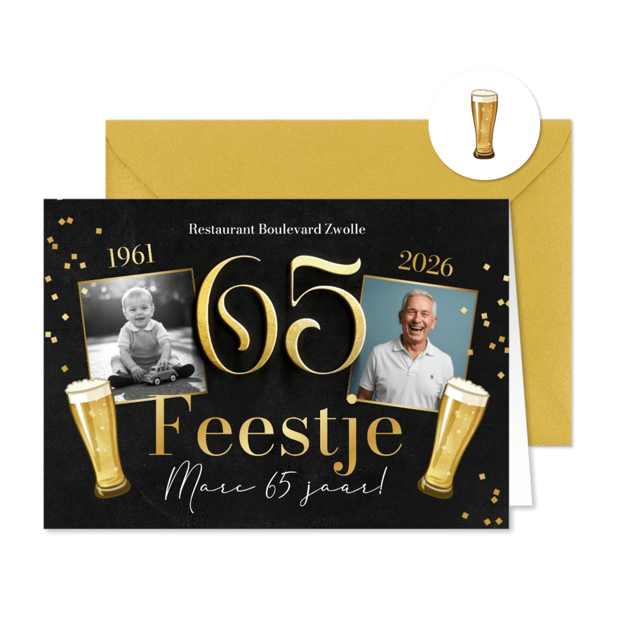 Uitnodiging 65 jaar man krijtbord bier confetti foto's goud - Kaartimpressie