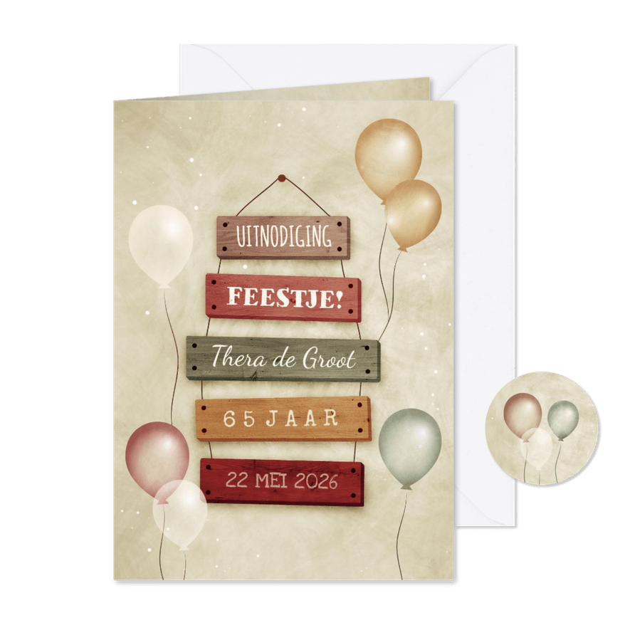 Uitnodiging 65 jaar met feestelijke ballonnen bordjes - Kaartimpressie