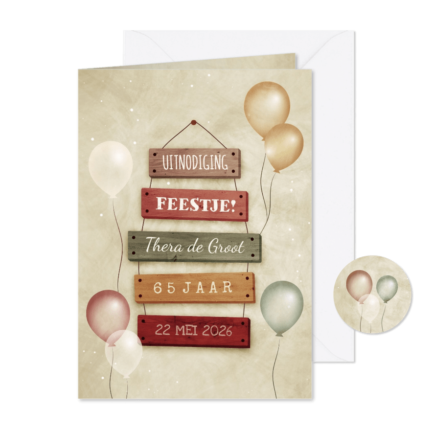 Uitnodiging 65 jaar met feestelijke ballonnen bordjes - Kaartimpressie