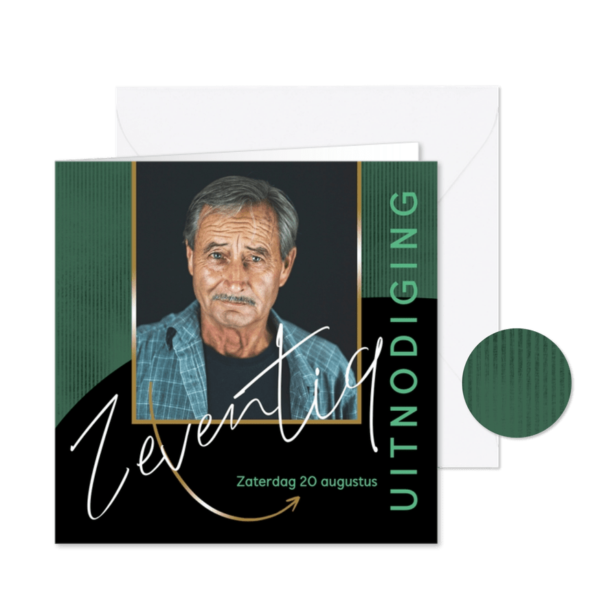Uitnodiging 70 man met foto zwart-groen - Kaartimpressie
