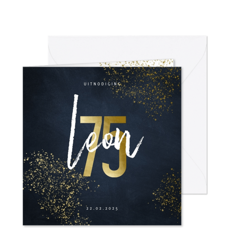 Uitnodiging 75 in goudlook met goudspetters - Kaartimpressie