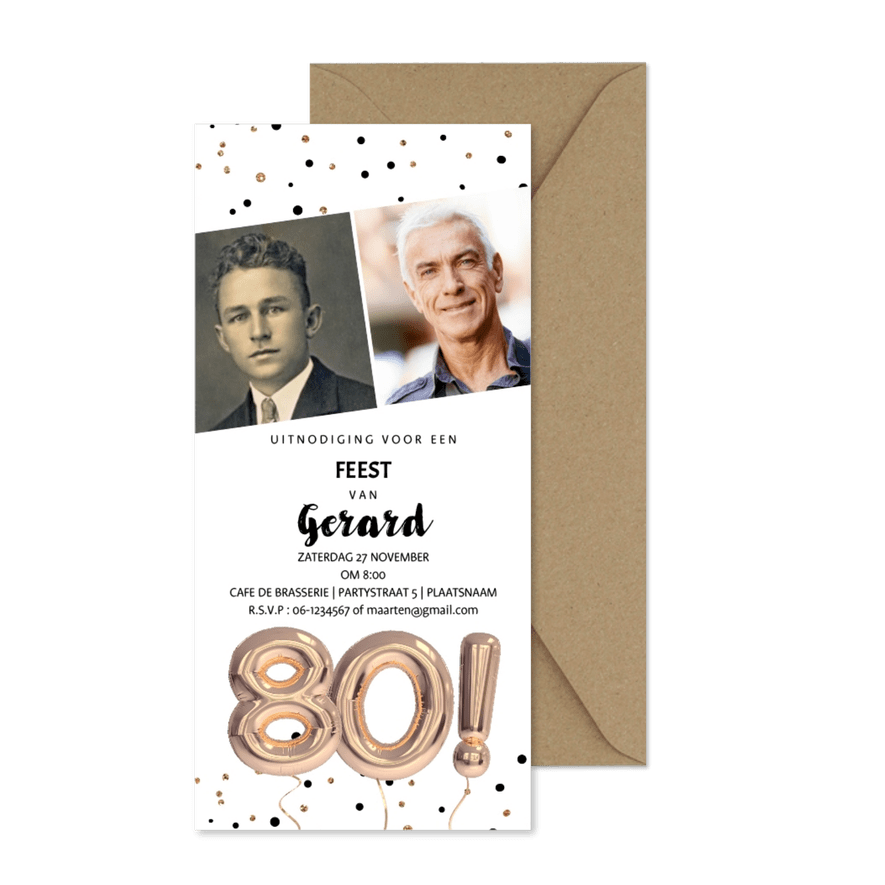 Uitnodiging 80 jaar ballonnen feest - Kaartimpressie