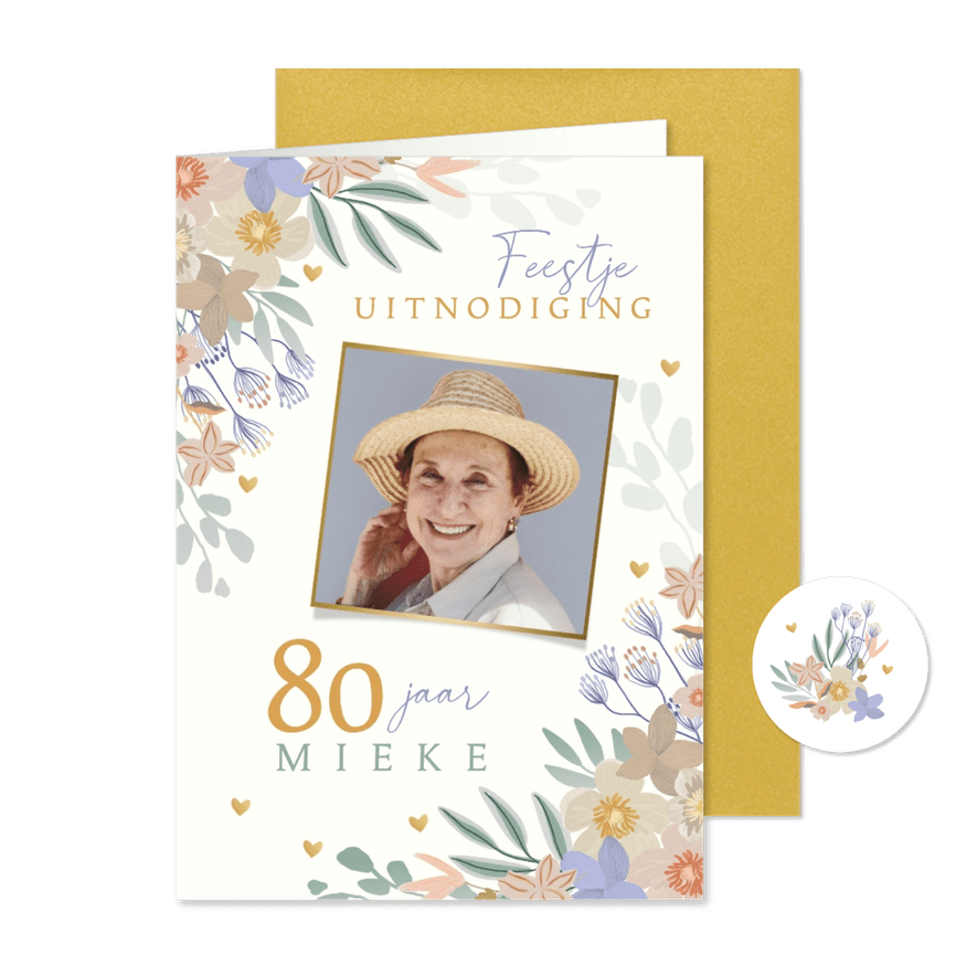 Uitnodiging 80 jaar bloemen en hartjes - Kaartimpressie