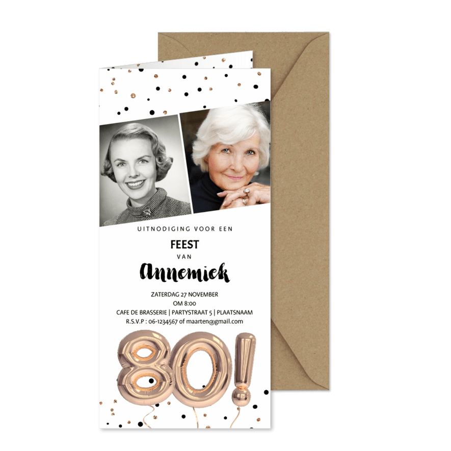 Uitnodiging 80 jaar feest foto uitnodiging ballonnen - Kaartimpressie