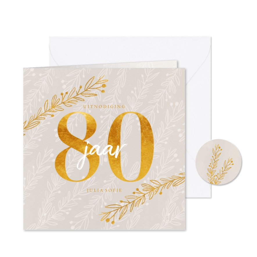 Uitnodiging 80 jaar in goud look en siertakjes - Kaartimpressie