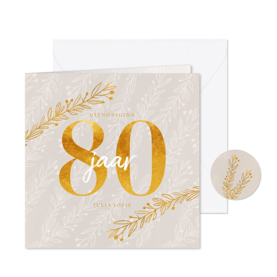 Uitnodiging 80 jaar in goud look en siertakjes - Kaartimpressie