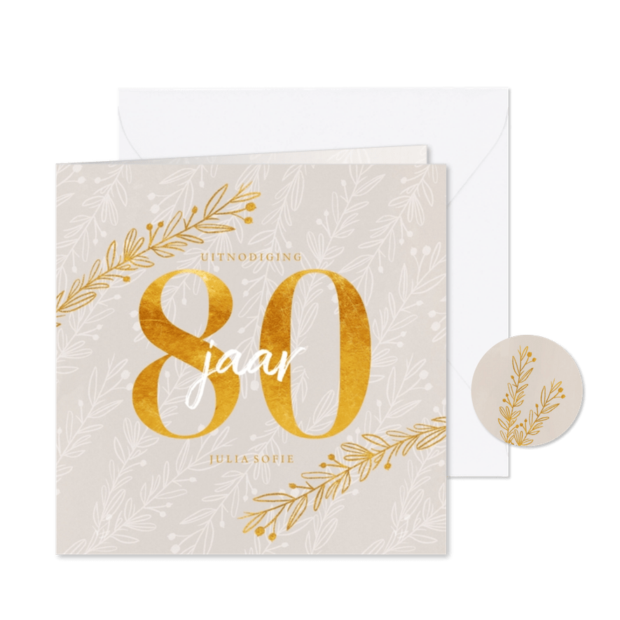 Uitnodiging 80 jaar in goud look en siertakjes - Kaartimpressie