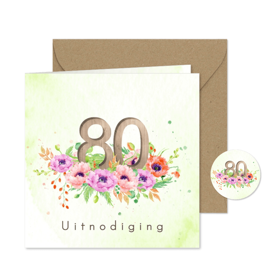 Uitnodiging 80 jaar met klaprozen - Kaartimpressie