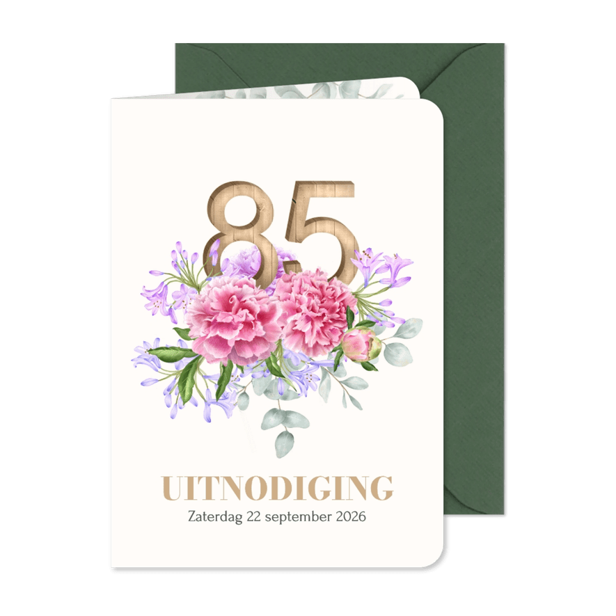 Uitnodiging 85 in hout met bloemen - Kaartimpressie
