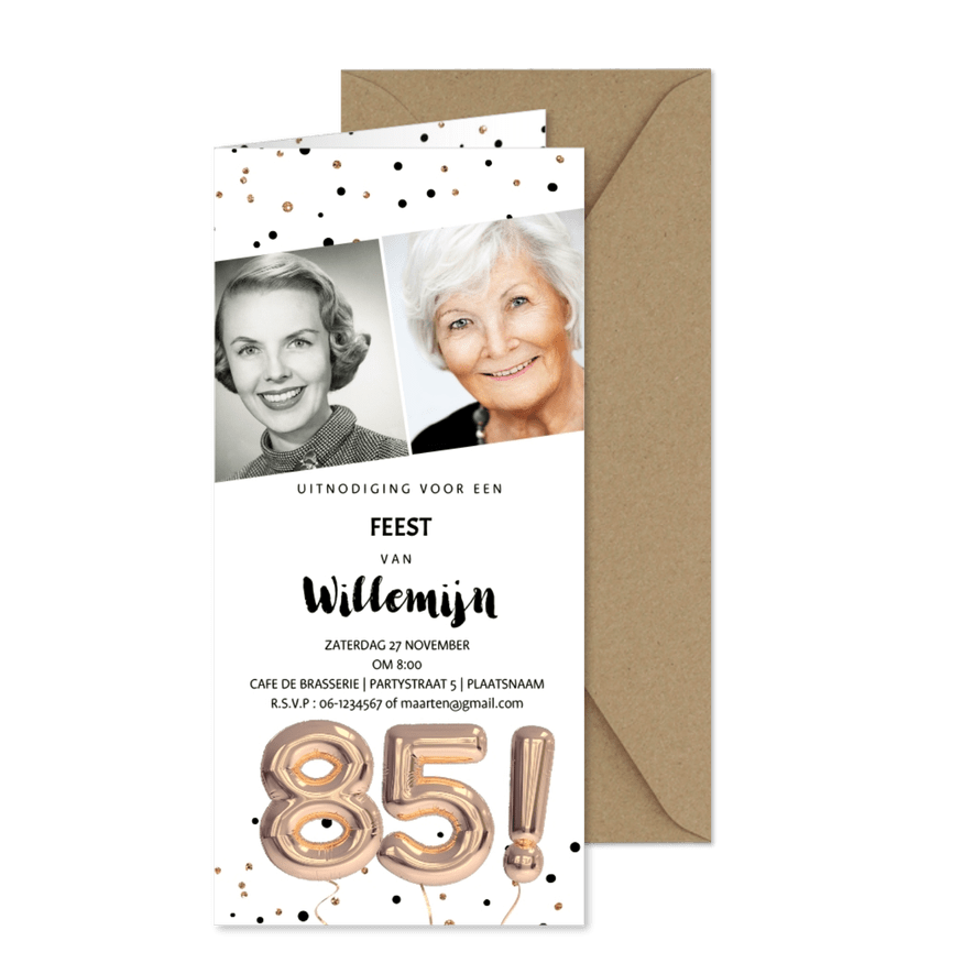 Uitnodiging 85 jaar feest foto uitnodiging ballonnen - Kaartimpressie