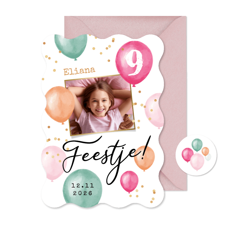 Uitnodiging 9 jaar meisje ballonnen confetti foto feest wave - Kaartimpressie