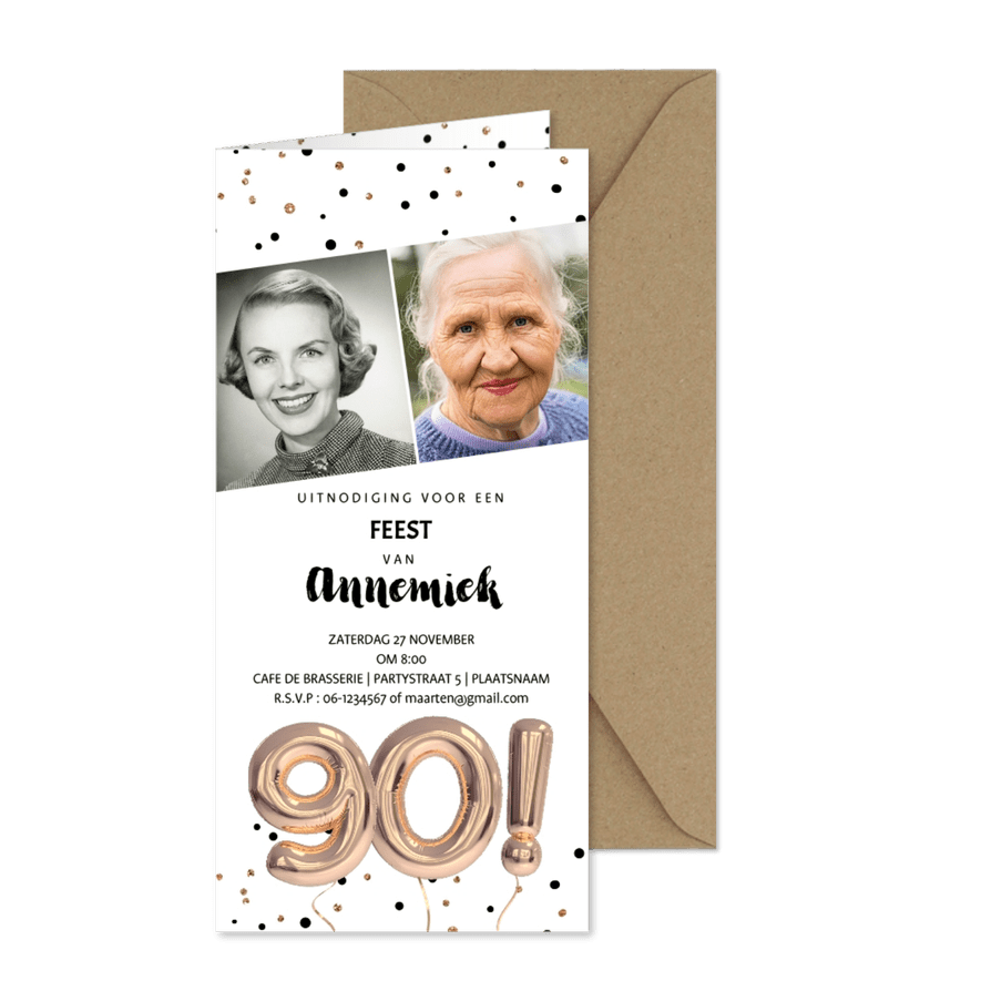 Uitnodiging 90 jaar feest foto uitnodiging ballonnen - Kaartimpressie