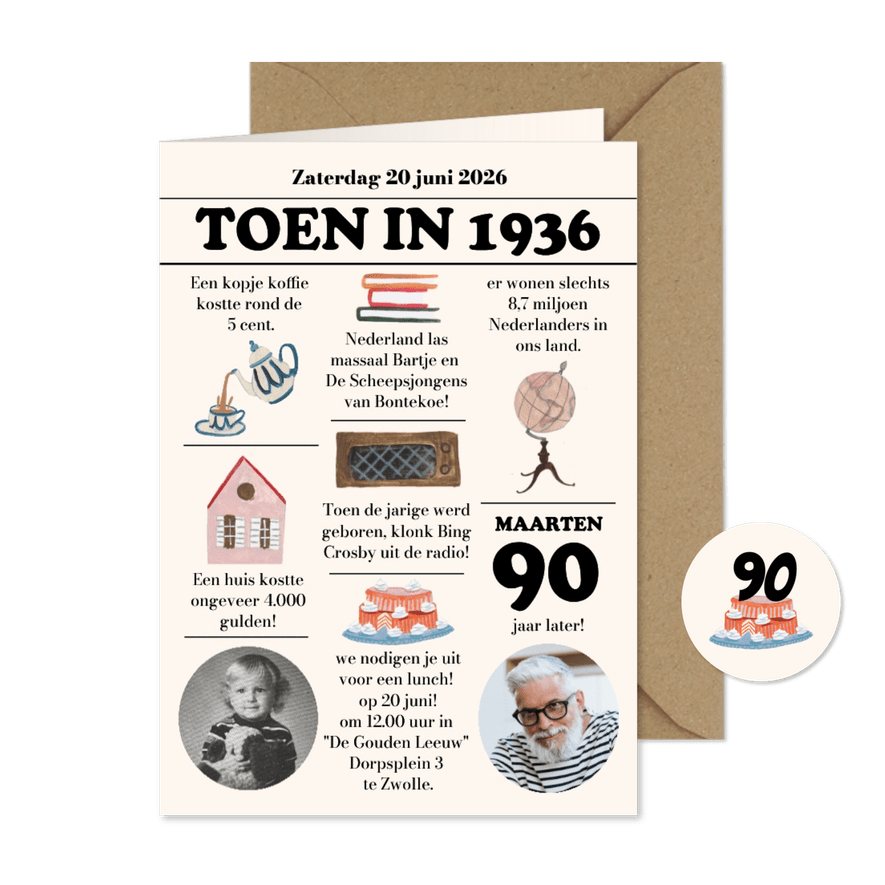 Uitnodiging 90 jaar man | Krant uit 1936 - Kaartimpressie