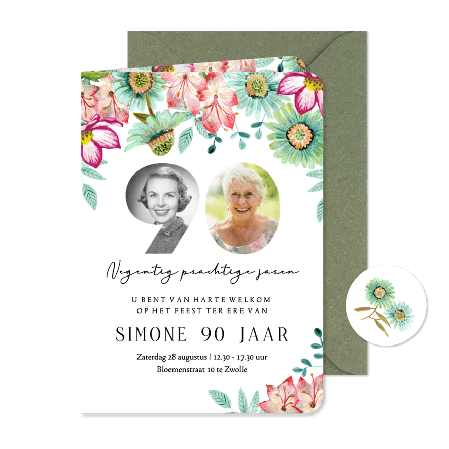 Uitnodiging 90 jaar met bloemen en foto collage - Kaartimpressie