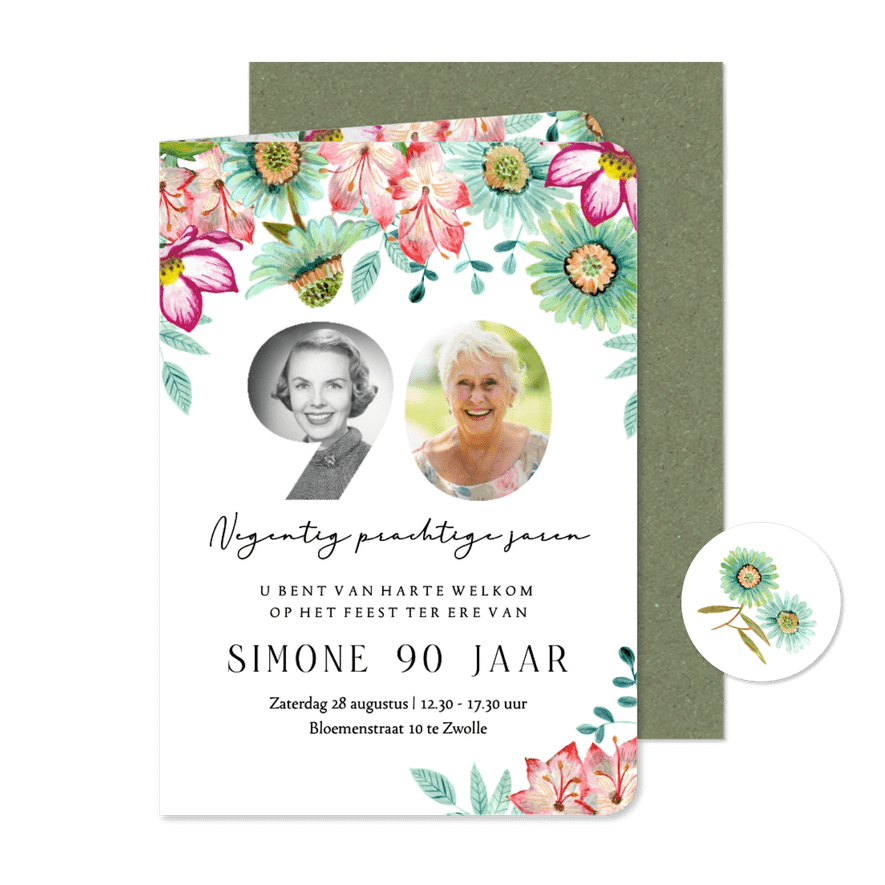 Uitnodiging 90 jaar met bloemen en foto collage - Kaartimpressie