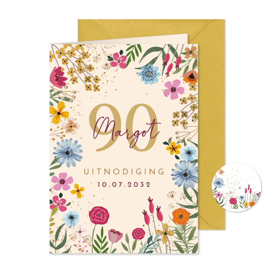 Uitnodiging 90 jarige verjaardag met bloemen - Kaartimpressie