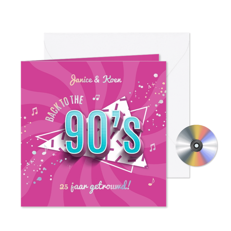 Uitnodiging 90's party jubileumfeest cd confetti muziek - Kaartimpressie