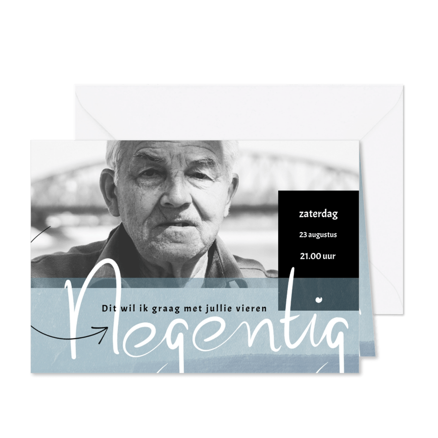 Uitnodiging 90ste verjaardag, met geschreven 'negentig' - Kaartimpressie