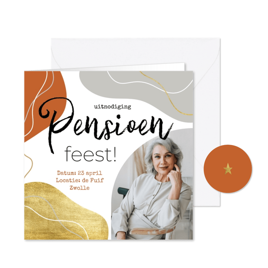 Uitnodiging abstracte vormen pensioenfeest met foto - Kaartimpressie