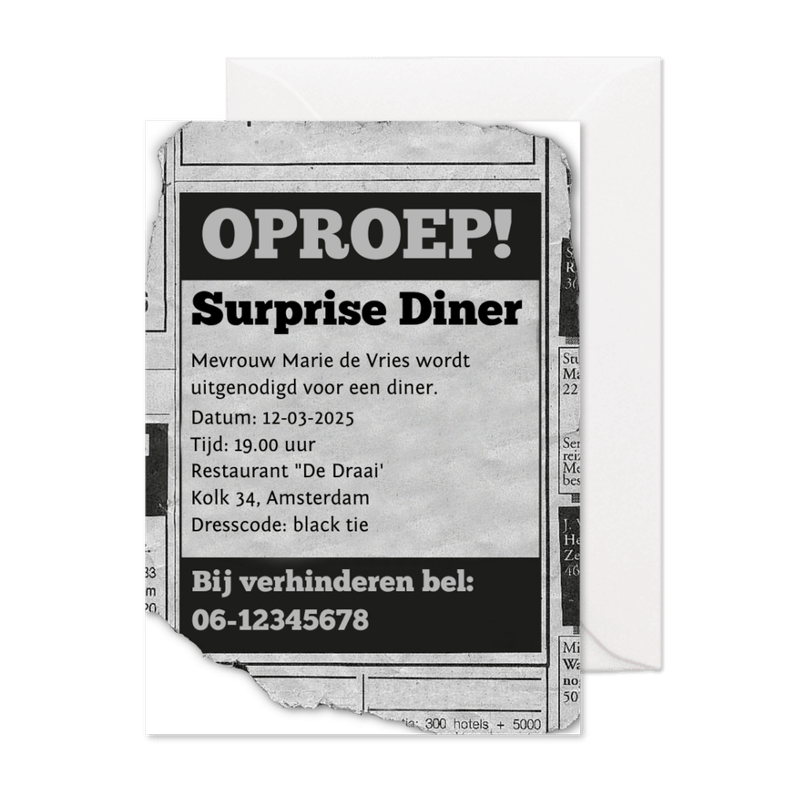 uitnodiging - advertentie Surprise Diner - Kaartimpressie