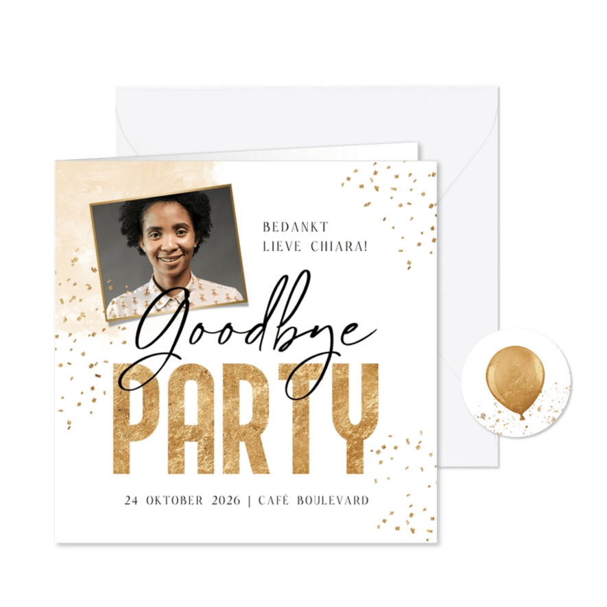 Uitnodiging afscheidsfeest borrel foto waterverf confetti - Kaartimpressie